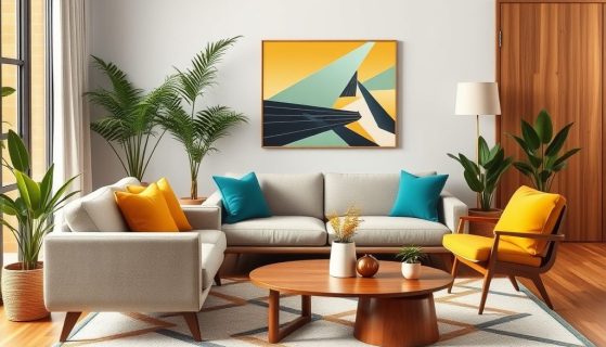 Styl mid century modern kolory: jak łączyć naturalne tony z żywymi akcentami dla harmonii wnętrza